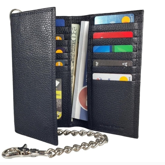 Men's Cowhide Black Leather Trifold Chain Motorcycle Biker Long Checkbook Wallet - Picture 8 of 8